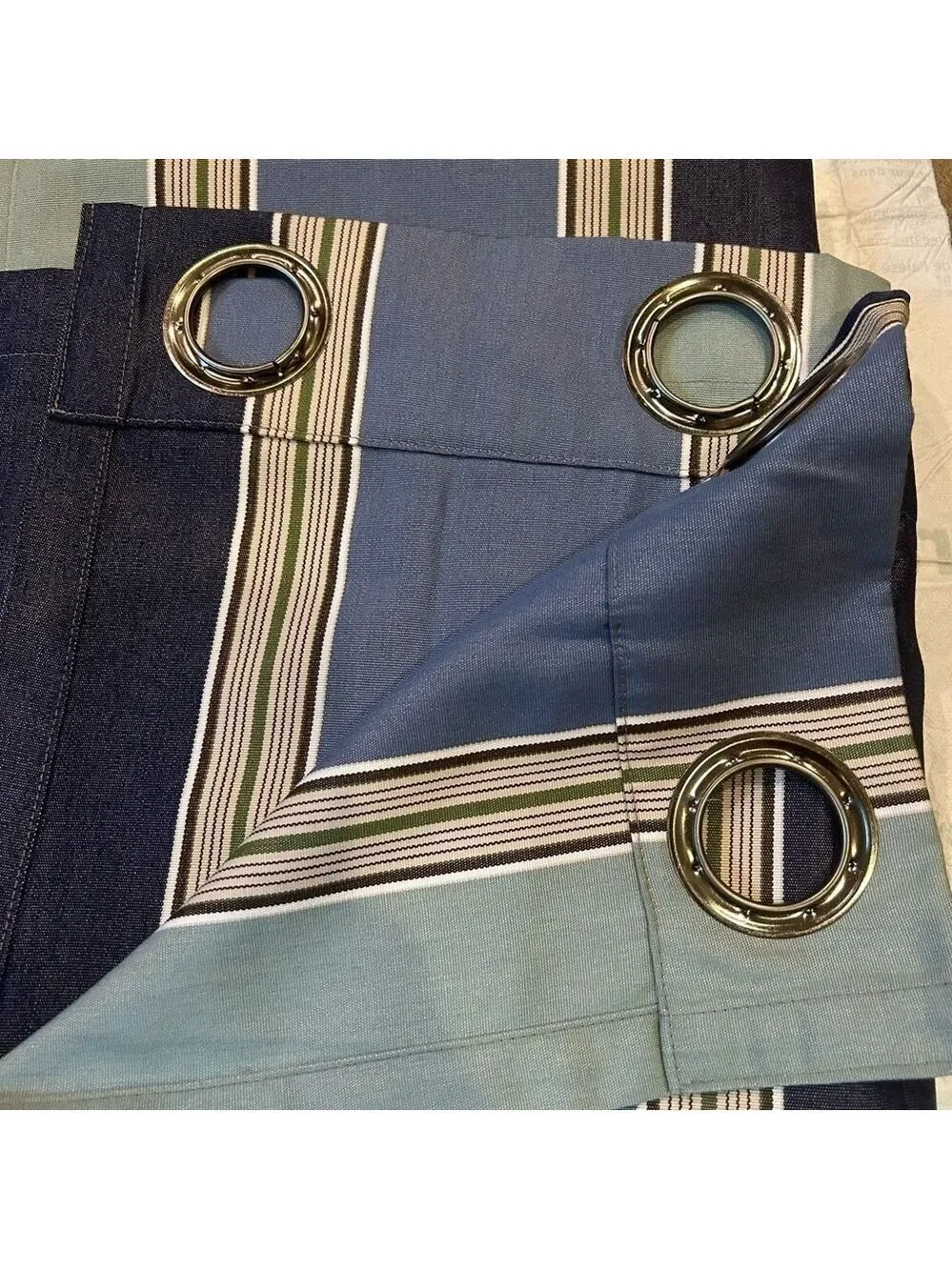 Pottery Barn Curtain Panels Outdoor Striped Denim Sunbrella Blue Teal 50x108
